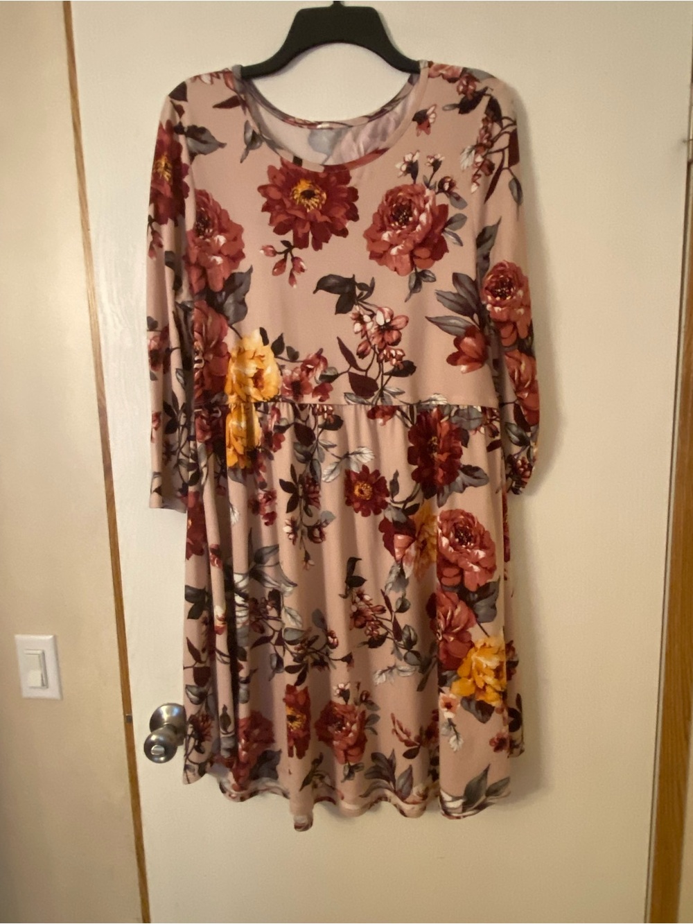 Floral Midi Dress in Blush with Burgundy & Mustard Accents